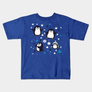 Kawaii Penguins With Winter Snowflakes Seamless Pattern For Christmas Time Kids T-Shirt